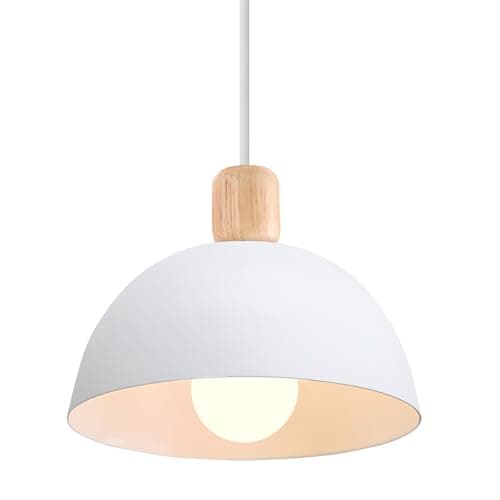 Image of iDEGU 20cm Retro Pendant Light E27 LED Ceiling Light Modern Scandinavian Style Hemisphere Hanging Lampshade Metal Wood Pendant Light Fixture for Bedroom Dining Room Kitchen Restaurant (White)