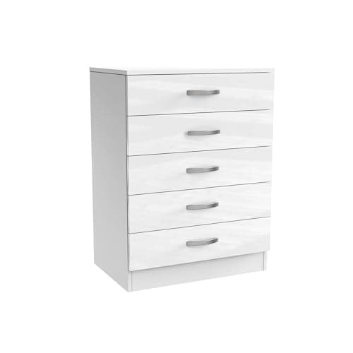 Image of Nera 5 Drawer Chest of Drawers Wood Dresser Drawers for Bedroom Furniture Storage Unit (White Gloss (Matt White))