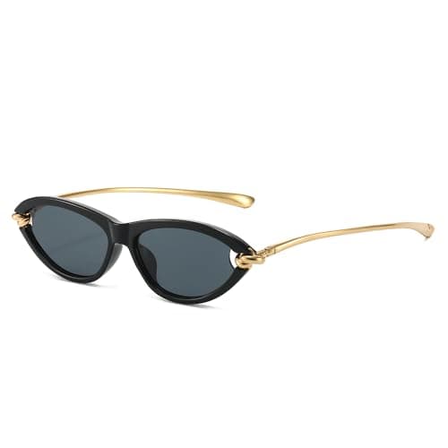 Image of YAMEIZE Retro Cat Eye Sunglasses for Women Vintage Small 90S Oval Cateye Sunglasses Gold Frame UV400 (Black Black)