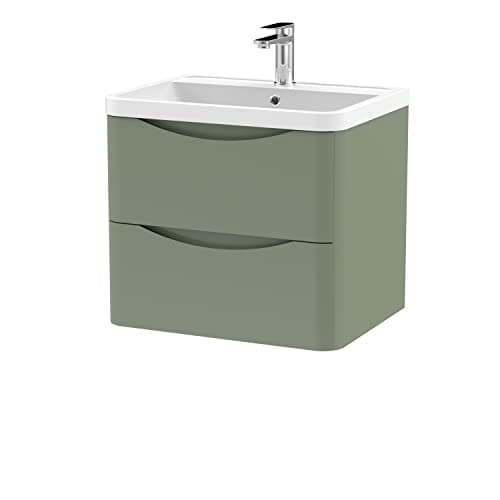 Image of nuie LUN802 Lunar Modern Bathroom Wall Hung 2 Drawer Vanity Basin Unit & Polymarble Basin, 600mm, Satin Green