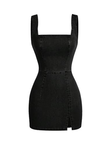 Image of GORGLITTER Women's Sleeveless Denim Bodycon Mini Dresses Square Neck Split Hem Going Out Summer Jeans Tank Pencil Dress Black S