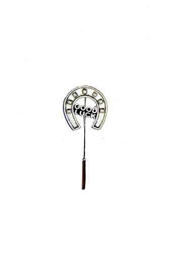 Image of Good Luck Horse Shoe PT14 Tibetan Silver Emblem English Pewter on a tie stick pin hat scarf collar POSTED BY US GIFTS FOR ALL 2016 FROM DERBYSHIRE UK