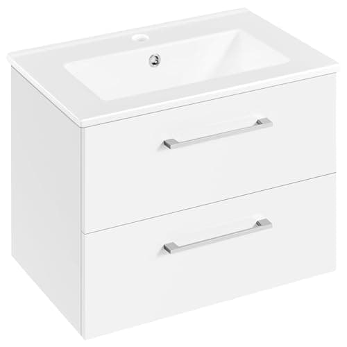 Image of Yaheetech Wall Mounted Bathroom Vanity Unit with Ceramic Basin, Floating Bathroom Vanity Cabinet with 2 Drawers, Storage Ceramic Vessel Sink, 610mm, White