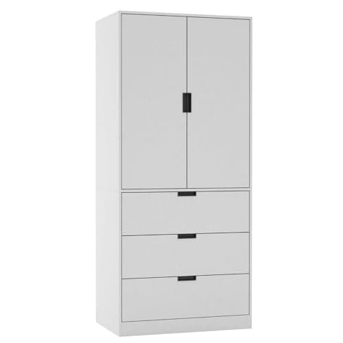 Image of URBNLIVING Modern 2 Door Wardrobe with 3 Drawers & Hanging Rail, Stylish Freestanding Storage, Spacious Interior, Durable Chipboard Build, Easy to Assemble Bedroom Furniture