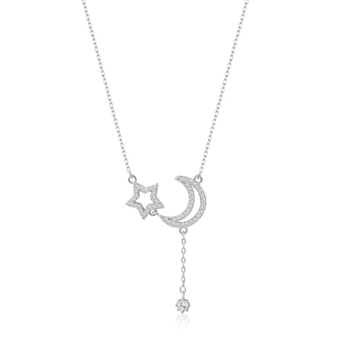 Image of Weviway Moon and Star Pendant Necklace with Cubic Zirconia, Celestial Drop Chain Necklace, 45 CM Length, Silver Plated