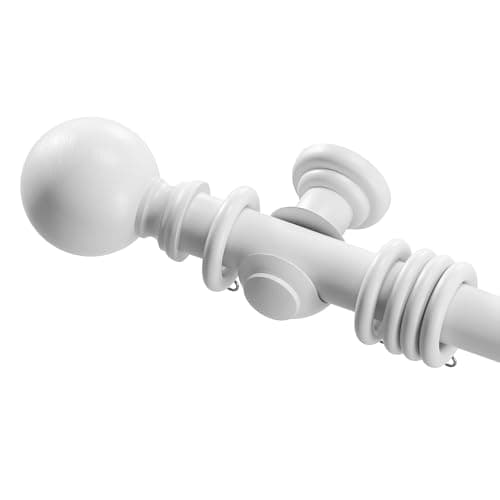 Image of Amari Bargain Wooden Curtain Pole Set - White, 120cm - 28mm Diameter Beechwood Curtain Rod with Finials, Rings & Brackets - Wooden Curtain Poles for Eyelet Curtains and Windows