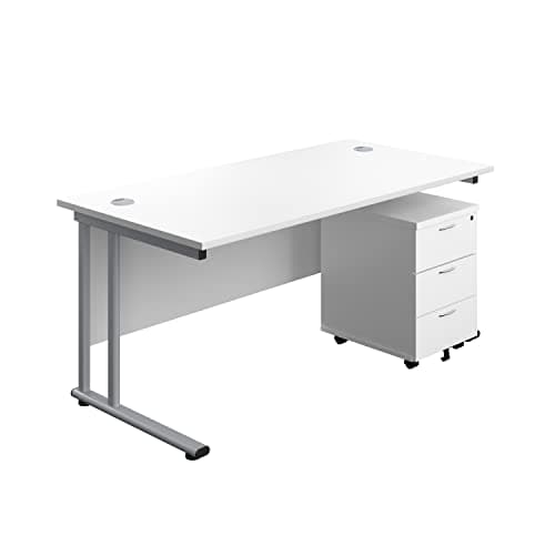 Image of Office Hippo Professional Cantilever Office Desk With 3 Drawer Mobile Pedestal, Wood, White, Silver Frame, 180 x 80 x 73 cm