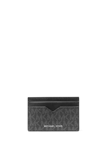 Image of Michael Kors Hudson Notched Card Case, Black/Black Signature, One Size