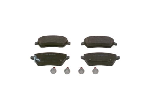Image of Bosch BP1494 - Brake Pads Car Front Axle - Bosch Quality - Reduced Noise and Dust - ECE-R90 Certified - Copper-Free - 1 Set of 4 Pads - With Accessories