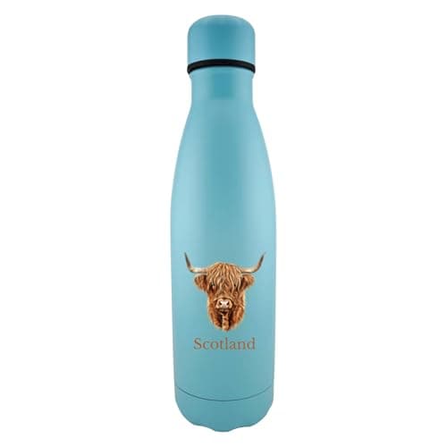 Image of 1stclassgifts Highland Cow & Scotland Text 500ml Insulated Water Bottle 14 Colours Available (UV Printed) (Aqua Blue)