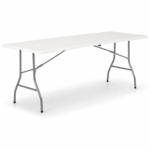 Image of 6ft Heavy Duty Folding Table | Large 180×70cm Portable Trestle Table for Catering Camping Parties BBQ Garden & Indoor/Outdoor Use | Foldable with Carry Handle (White)
