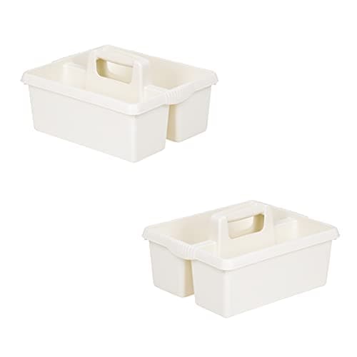 Image of (Set of 2)- Large Cleaning Caddy with Handles Plastic Tidy Organiser Cleaners Carry All Tote Tray Basket Multi Compartment Utility (Soft Cream)