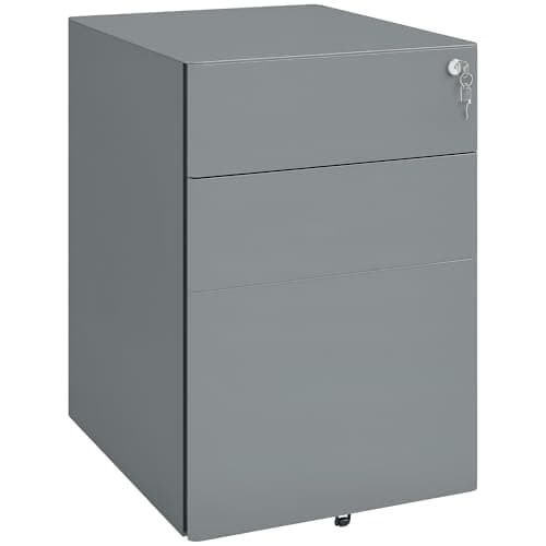 Image of Vinsetto 3-Drawer Mobile Filing Cabinet, Steel Lockable File Cabinet for A4, Legal, Letter, Compact Under Desk Storage, Pre-Assembled Body, Hanging File Folders for Home Office, 39 x 48 x 59cm, Grey