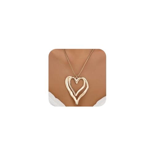 Image of Chunky Gold Double Big Heart Necklace for Women Statement, Exquisite Thick Large Silver Love Heart Pendant Chain Choker Necklaces Y2K Party Jewelry Gift, One Size, Metal, No Gemstone