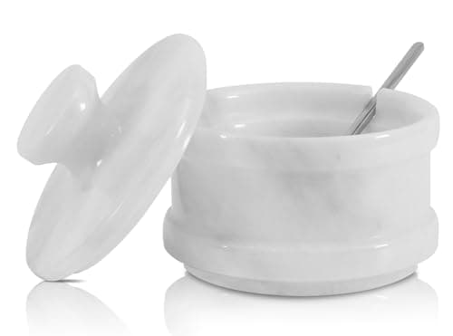 Image of Radicaln Marble Salt Cellar White 2.25"x4"x5" Inch Handmade Sugar Bowl with Lid and Spoon - Spice Jar for Kitchen Set -Seasoning & Spice Tools Storage Container