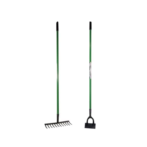 Image of 2 Piece Garden Lawn Rake & Dutch Hoe - Gardening Soil Raking Farm Set Handle | Heavy Duty Carbon Steel | Cultivating All Types Of Soil | Garden Dutch Hoe Tool for Edging & Planting - 2pc
