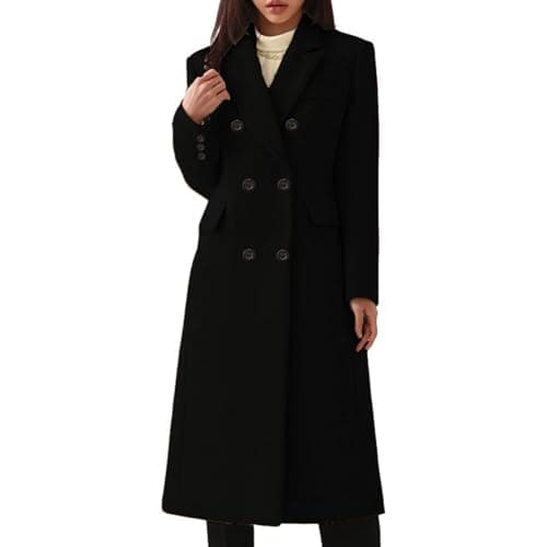 Image of Generisch Casual Long Double Breasted Solid Wool Coat with Pockets Wool Coat Jogging Women Black, black, M