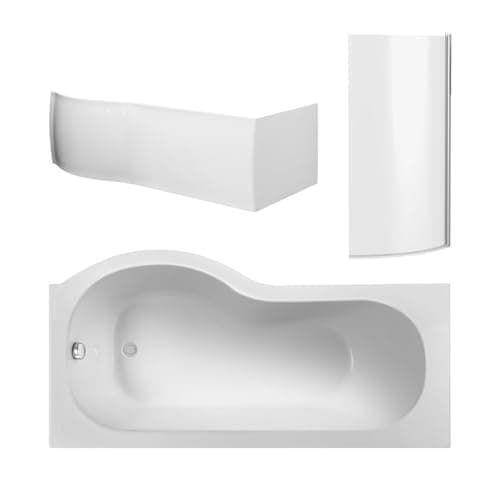 Image of Balterley 1500 x 850mm P Shape Shower Bath with Leg Set, Chrome P Shape Shower Screen & P-Shaped Bath Panel, Right Hand Single Ended Gloss White Soaking Baths, Acrylic Baths (White)