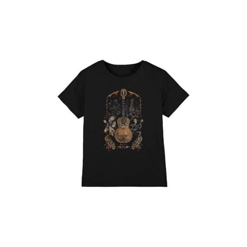 Image of Coco Painted Poster with Guitar, Ernest, Miguel and Hector Unisex Kids T Shirt, Black, 12-13 Years
