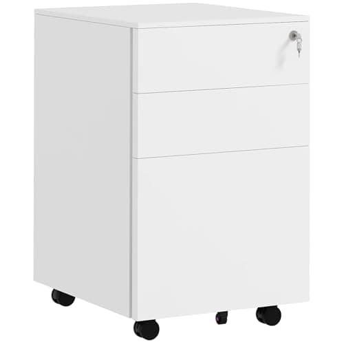 Image of Vinsetto 3-Drawer Vertical Filing Cabinet with Pencil Tray, Lock and 5 Wheels, Steel Mobile File Cabinet, for A4, Legal and Letter Size, Pre-Assembled Body, White