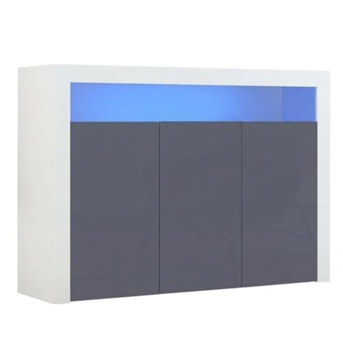Image of Panana High Gloss 3 Door Sideboard Cupboard with LED Lights Large Display Cabinet Storage Unit for Living Room Bedroom (Grey)