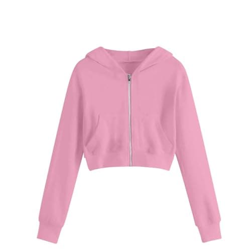 Image of duxyoz Pink Girls Casual Zipper Up Sweatshirts Crop Jackets For Teens Kids Long Sleeve Hooded Sweatshirt With Pockets Loose Fit Full Zip Hoodie Fashion Warm Cropped Hoodies Coat 13-14 Years