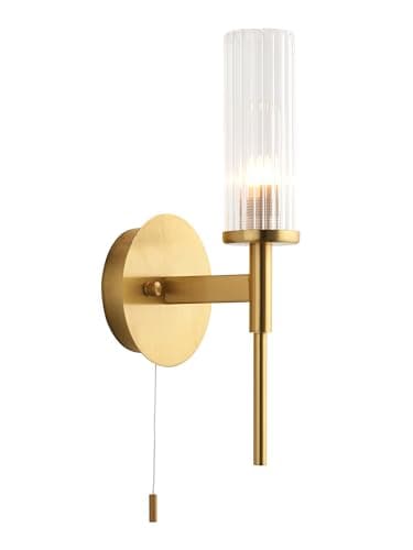 Image of National Lighting Taylor 3W LED G9 Bathroom Wall Light - Satin Brushed Gold Wall Light with Clear Ribbed Glass, Elegant Lighting for Vanity & Bathroom - IP44 Vintage Lamp with Pull Cord Included