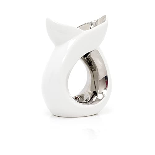 Image of Silver And White Cross Over Ceramic Wax Melt Burner Fragrance Oil Burner | Essential Oil Diffuser Tealight Candle Holder | Aroma Lamp Candle Diffuser