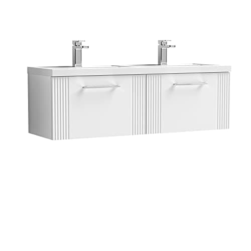 Image of nuie DPF194C Deco Modern Bathroom Wall Hung 2 Drawer Part Fluted Vanity Basin Unit with Twin Polymarble Basin, 1200mm, Satin White