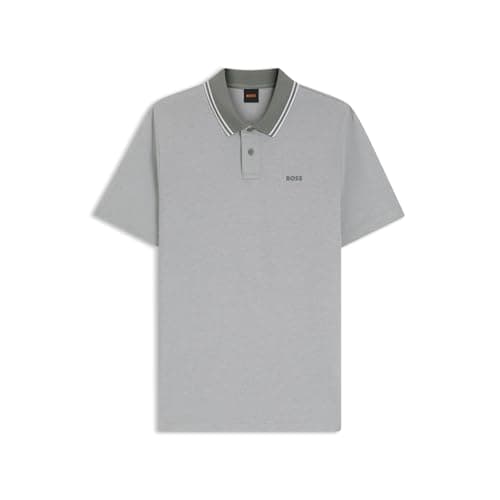 Image of BOSS Mens PeoxfordNew Logo Print Cotton Pique Polo Shirt, Open Grey 076, M