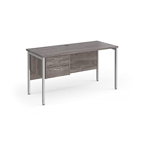 Image of Mr Office Maestro 25 straight desk 600mm deep with 2 drawer pedestal - silver H-frame leg, 1400, Grey oak
