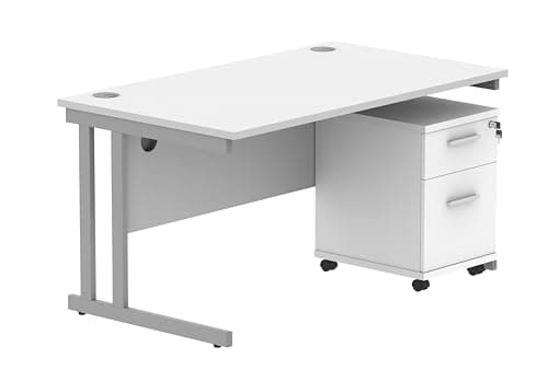 Image of Office Hippo Heavy Duty Contract Grade Office Desk Workstation and Lockable 2-Drawer Pedestal Set, 120kg Weight Tolerance, 5-Year Warranty, FSC Certified, White, Silver Legs, 1400 x 800mm