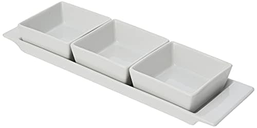 Image of Moonlight Rectangular Tray with 3 Serving Dishes - White Porcelain Dip Bowl Set