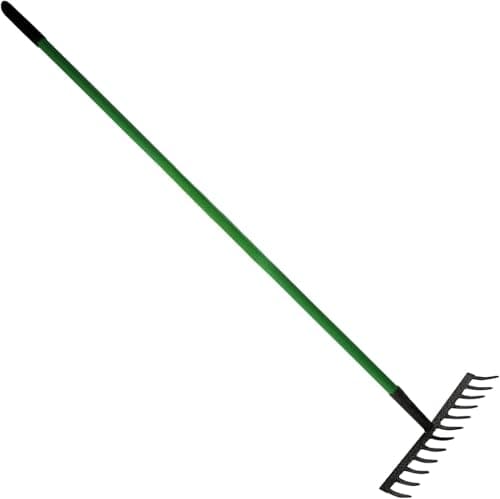 Image of PriceKingX Carbon Steel Garden Rake Heavy Duty Metal Leaf Rake for Lawn, Soil, Gravel & Garden Beds, Strong Wide Head Rake for Levelling, Weeding & Debris Collecting, Long Handle Yard Tool