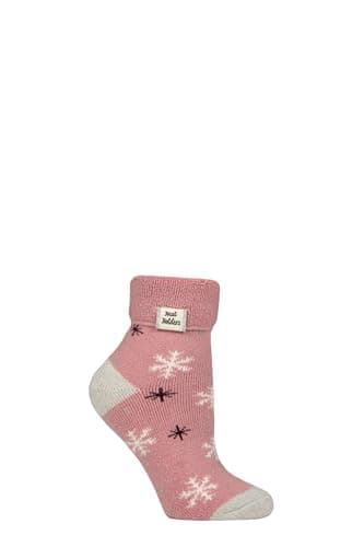 Image of HEAT HOLDERS SOCKSHOP Ladies Socks - Turn Over Cuff Sleep Lite, Warm Chunky Thermal Bed Socks, Patterned, 1 Pair Pack Size 4-8 (UK, Numeric, 4, 8, Regular, Regular, Snowflake Rose Blush)