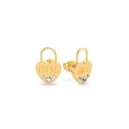 Image of Guess Earrings Lock Me Up Ube20055 Stainless Steel Gold Plated Swarovski Crystal Heart Lock