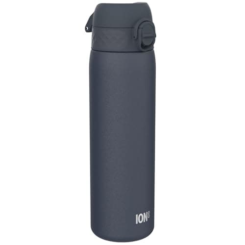 Image of ION8 Lightweight Steel Water Bottle, 600 ml/20 oz, Non-Insulated, Leak Proof, Easy to Open, Secure Lock, Dishwasher Safe, Flip Cover, Fits Cup Holders, Carry Handle, Metal Water Bottle, Ash Navy