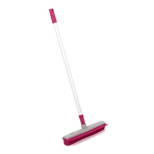 Image of Kleeneze KL065315EU Rubber Cleaning Broom - Electrostatic Rubber Bristles Brush with Squeegee Edge, 1.2 Metre Telescopic Handle, Non-Scratch Sweeping Brush for Pet Hair, Dirt and Spillages, Pink/Grey