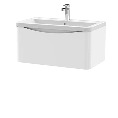 Image of nuie LUN106A Lunar Modern Bathroom Wall Hung 1 Drawer Vanity Basin Unit & Ceramic Basin, 800mm, Satin White