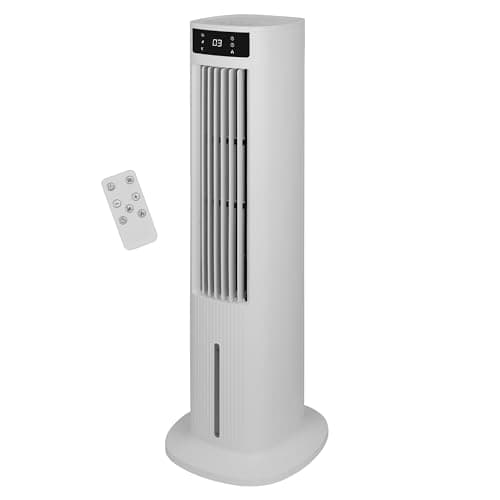 Image of Russell Hobbs Tower Fan in White Electric Air Cooler Pedestal with Remote Control, Tall Standing, Humidification Setting, 3 Speed Settings, Oscillating Function with 2 Year Guarantee RHCLT5L