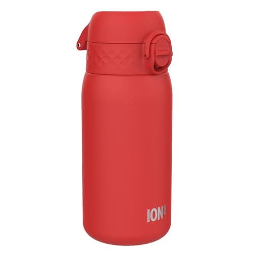 Image of ION8 Lightweight Steel Kids Water Bottle, 400ml/13oz, Non-Insulated, Leak Proof, Easy to Open, Secure Lock, Dishwasher Safe, Fits Cup Holders, Carry Handle, Metal Water Bottle, Red