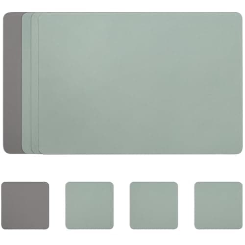 Image of Myir JUN Leather Table Mats and Coasters, Dual-Sided Leather Placemats and Coasters Waterproof Placemats Set of 4 Place Mats Non-Slip Washable Table Mats (Gray Sage green, Set of 4)