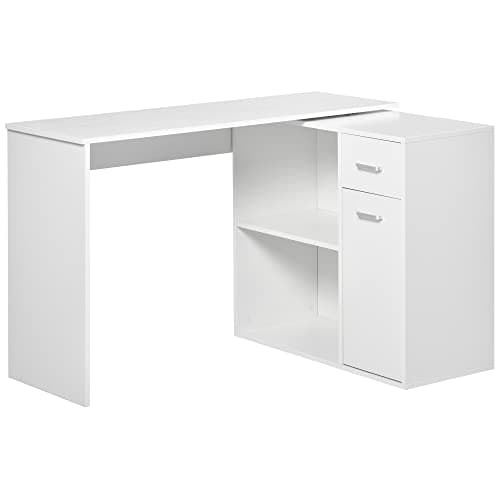 Image of HOMCOM L-Shaped Desk, Corner Computer Desk, Adjustable Study Table with Storage Shelf, Drawer and Cabinet, Workstation for Home Office, White Wood Grain