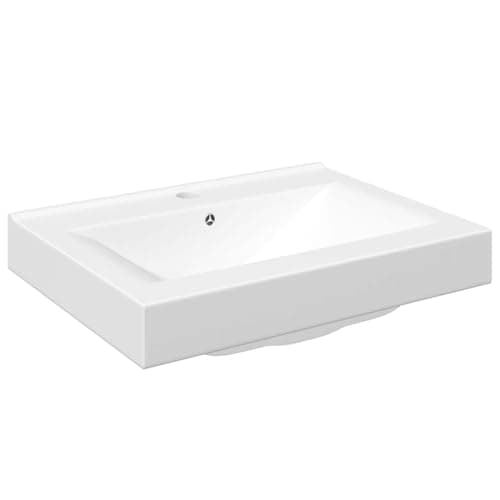 Image of vidaXL White Ceramic Basin Sink for Bathroom, Rectangular Design with Faucet Hole, Built-in or Wall-Mounted, Easy-to-Clean, Modern Yet Elegant Style