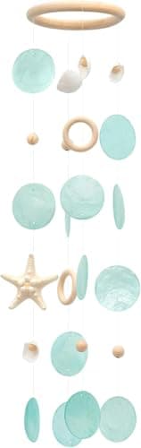 Image of SKOOLOVE Sea Shells Wind Chimes - Handcrafted Aqua Green Capiz Shells Windchime with Starfish, Coastal Style Decor for Indoor/Outdoors, Garden Decor, Great Gift for Women, Wind Chimes Lovers and More