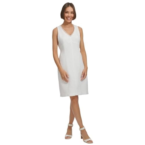 Image of Tommy Hilfiger Women's Sleeveless V-Neck Knee Length Sheath Dress, Bright White, 10