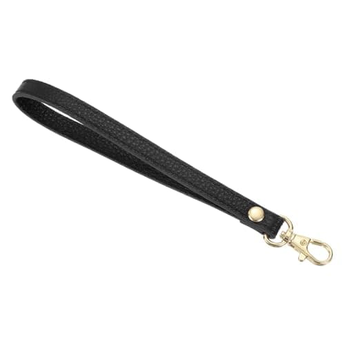 Image of sourcing map Leather Wristlet Strap, 190mm/7.48" Hand Wrist Lanyard Leather Replacement Wrist Strap for Clutch Wallet Keychain Bag DIY (Black, Gold)