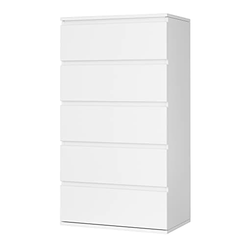 Image of FOREHILL White Chest of Drawers Bedroom Storage Cabinet with 5 Drawers Tall Chest of Drawers Dresser Wooden Cupboard Bedroom Furniture for Living Room 55x33x100cm