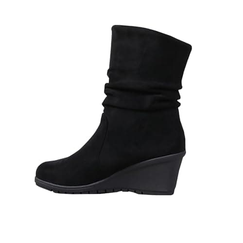 Image of AEGJEGVD Ankle Boots for Women,Ladies Black Boots,Wedge Heel Suede Round Toe Boot Classic Mid Tube Boot Fall Winter Side Zipper Boots Comfortable Elegant Walking Shoes Size 3-7