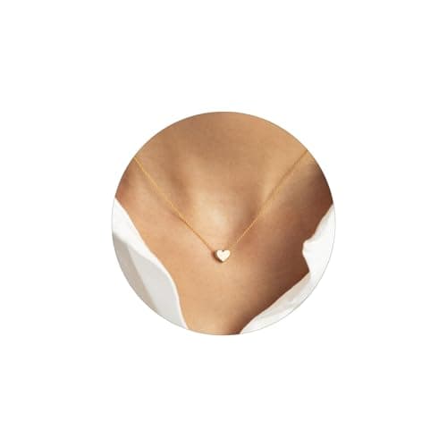 Image of HANLI Small Gold Heart Necklace Dainty Beaded Chain 14K Gold Plated Simple Single Heart Pendant Gold Necklace for Women Girls Minimalist Everyday Jewelry